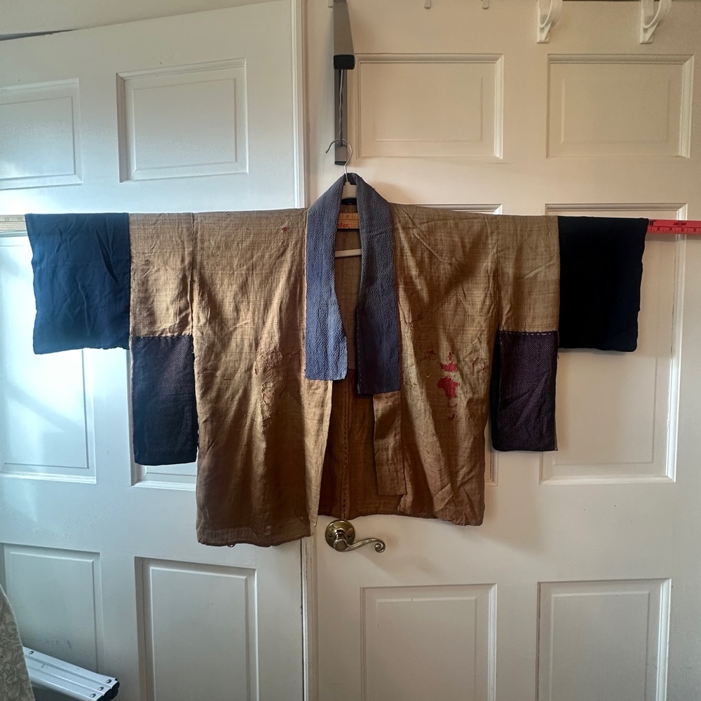 Woman’s Tan and Blue patchwork visibly mended silk haori Jacket Japanese